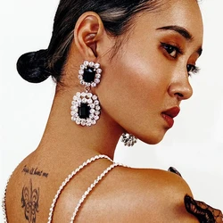 European Exaggerated Black Crystal Drop Dangle Earrings for Women Shiny Rhinestone Geometric Square Earrings Party Jewelry Gifts