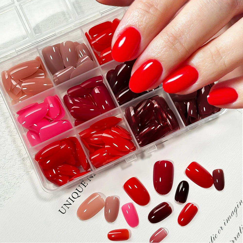 288pcs Solid Red Black Nude Press On Nails Glossy Full Cover Short Almond Reusable False Nails For Nail Extension Oval Fake Nail