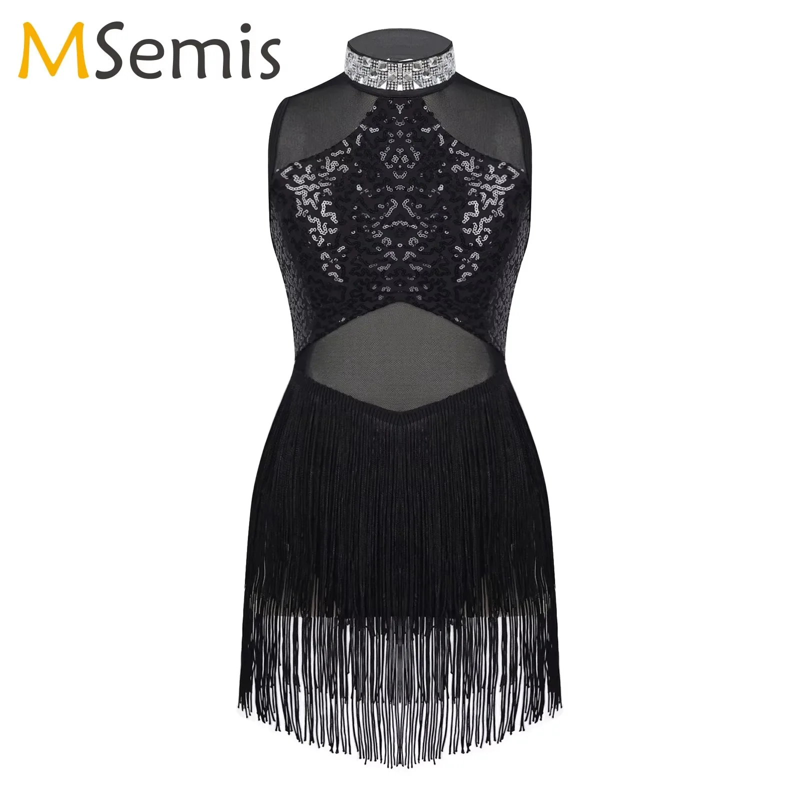 

Girls Rhinestone Sequin Jazz Dance Dress Sheer Mesh Tassel Hem Skating Stage Performance Dancewear Shiny Ballet Leotards Dresses