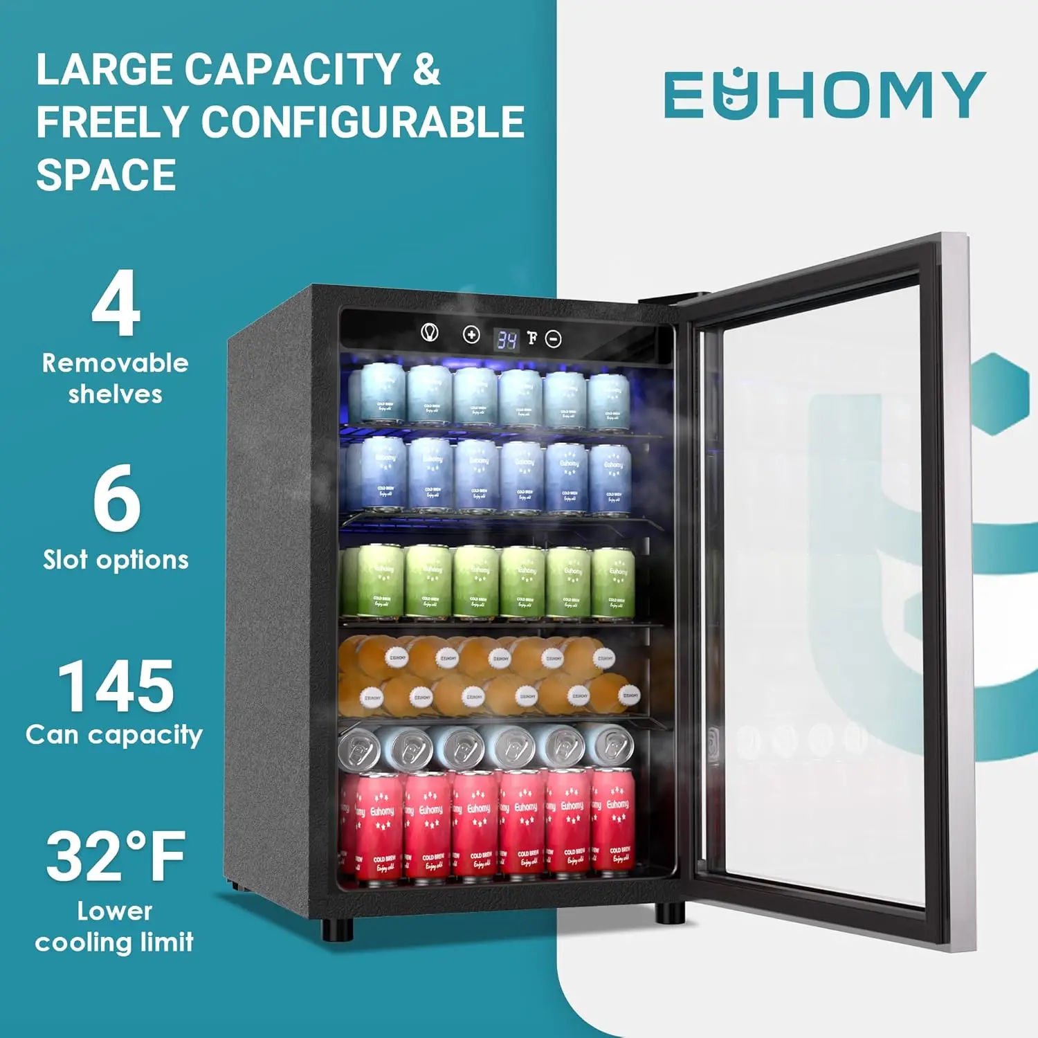 4.5 Cu.ft Beverage  and Cooler, 145 Can  fridge with Glass Door for Soda Beer Wine, Small Drink Dispenser