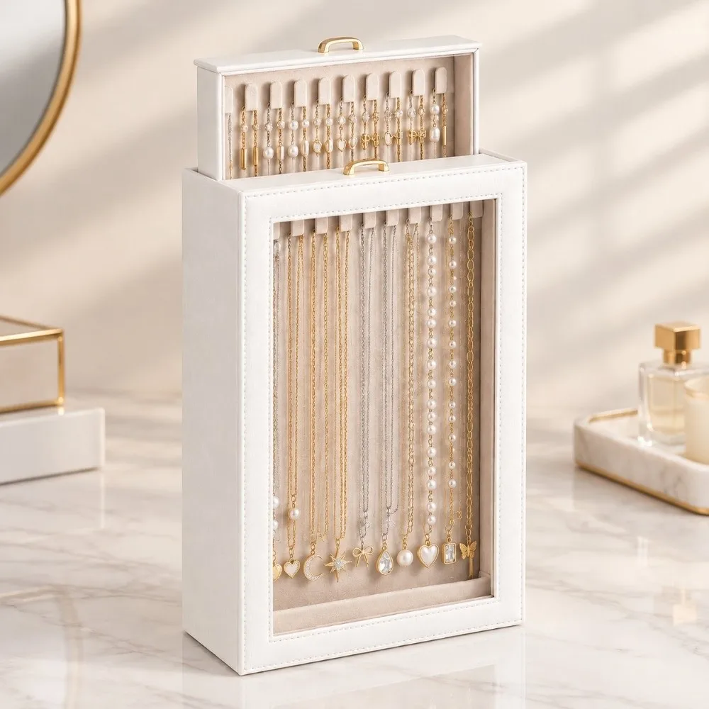 2 Layers Necklace Organizer Box Clear Window Pull-Out Access Jewelry Display Case Large Capacity portable Jewelry Drawer Case