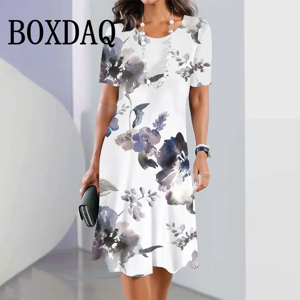 2024 New Women's Dresses Floral Printed Summer Elegant Mini Dresses Female Short Sleeve Dress Fashion Loose Clothes Sundress