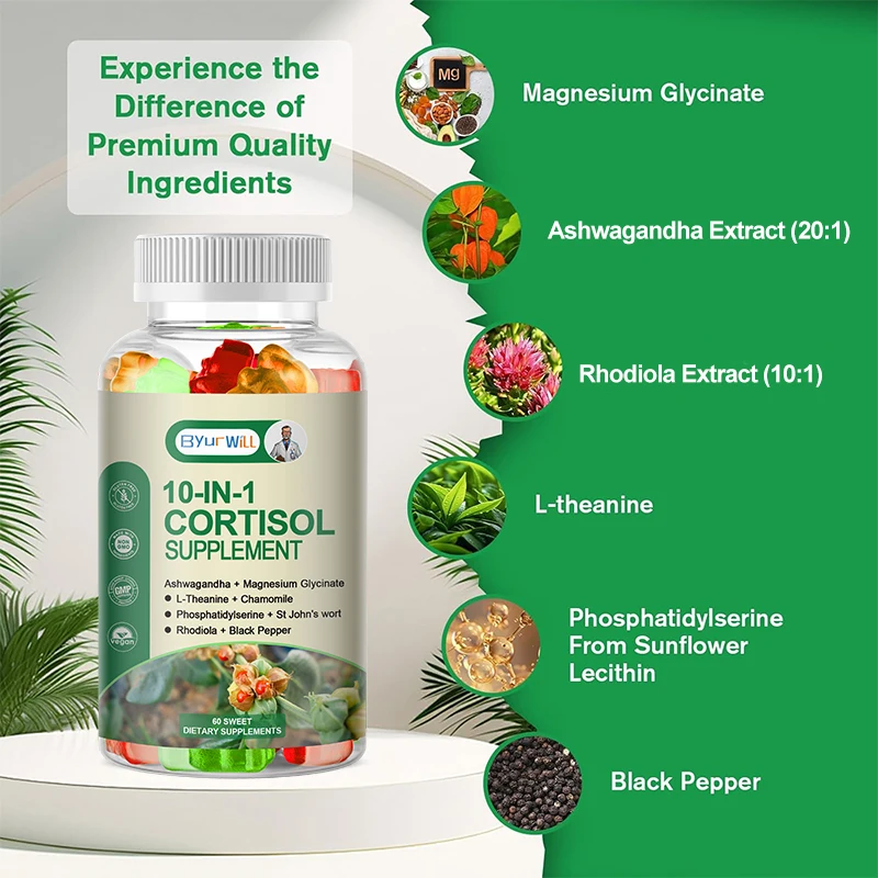 10-in-1 Cortisol Balance Gummy , Ashwagandha Magnesium Glycinate, Cortisol Reducer for Stress Relief, Mood & Adrenal Support