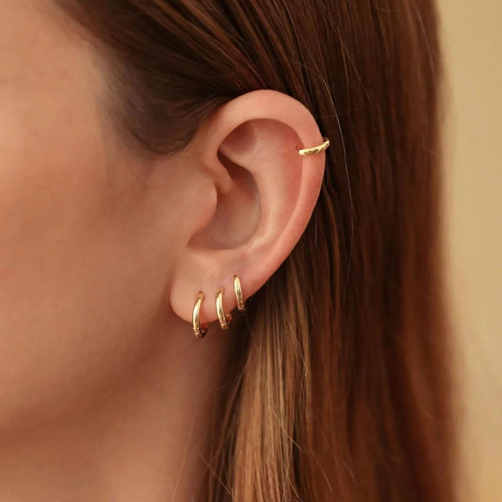 4 Pcs / Pairs 14K Gold Plated Huggie Hoop Earrings for Women Lightweight Small Hoops Sensitive Ears Multiple Piercing Stack Set