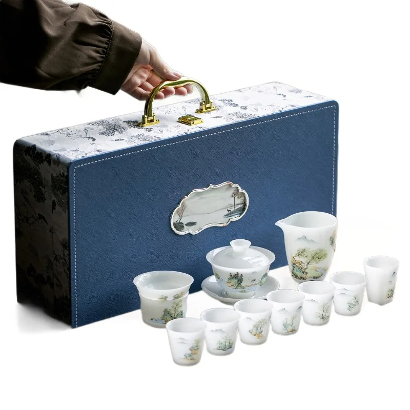 Water painting tea set gift box Kung Fu teacup teapot home gift for elders cultural and creative tea set