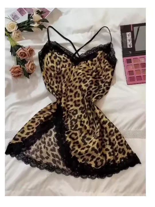 Leopard Silk Satin Women Nightgown Sleeveless Side Split Lace Sleepwear V Neck Sexy Nightwear Female Homewear Cloth Pajama Dress