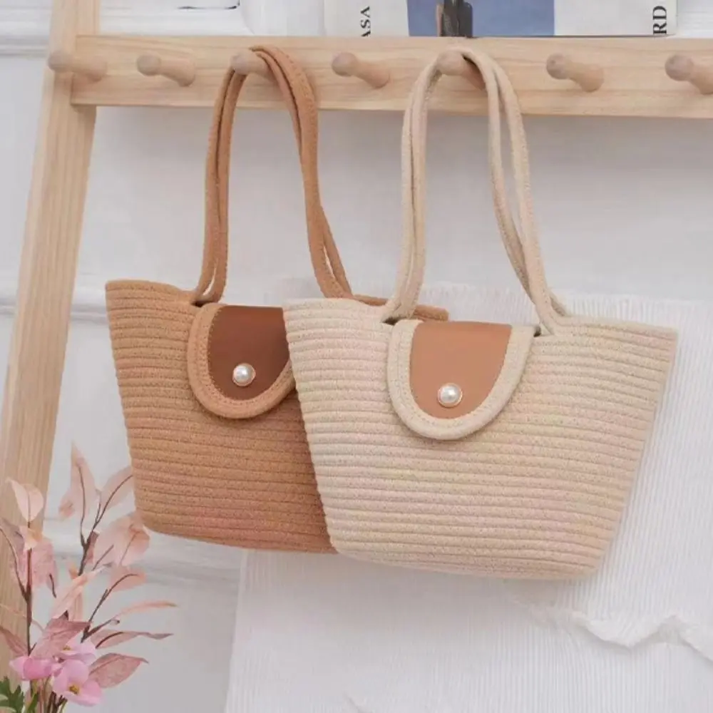 

Daily Sweet Braided Tote Bag Cotton Rope Large Capacity Cotton Thread Woven Bag Summer Pearl Beach Vacation Bag Woman