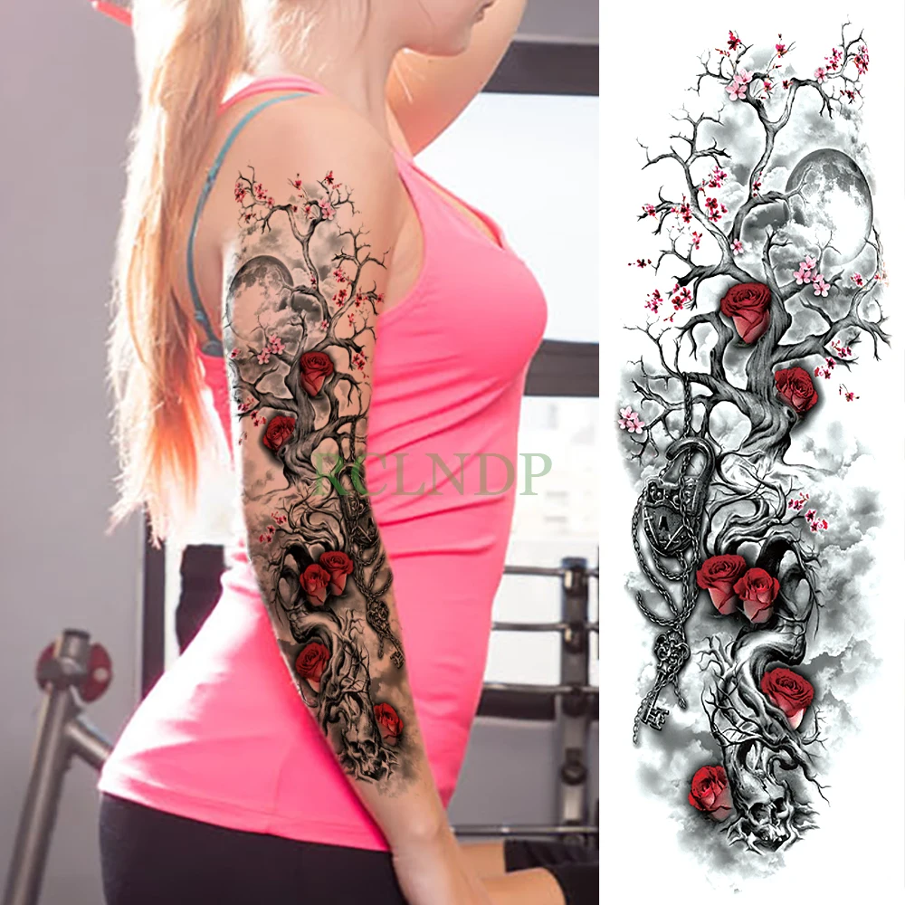 Etiqueta de tatuagem temporária impermeável, Rose Plum Blossom, tatuagens falsas de braço completo, tatuagem flash, manga, tamanho grande, homens,