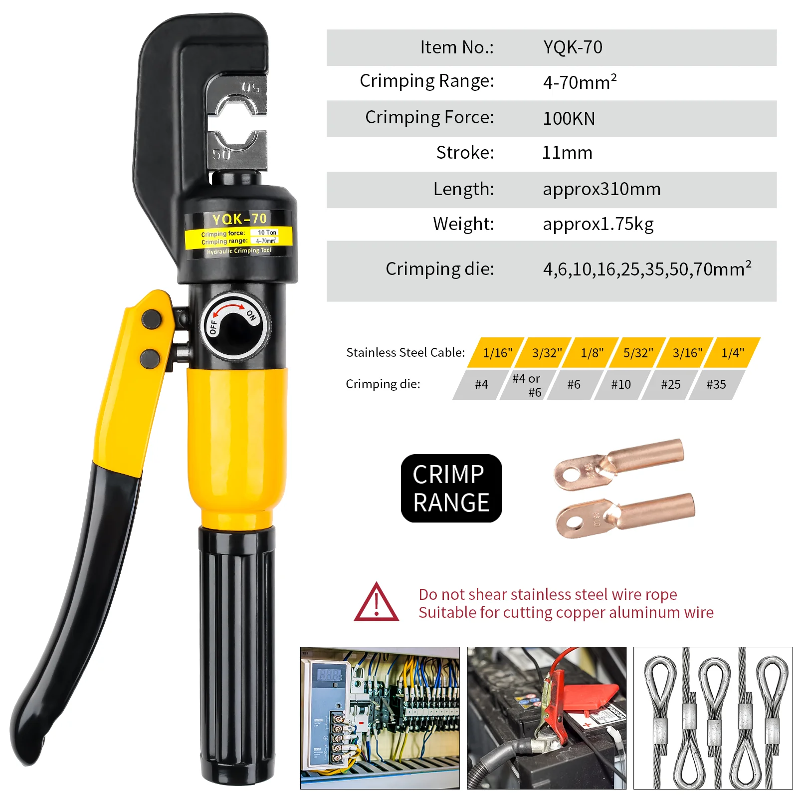 4-70mm² Hand Operated Hydraulic Crimping Tool for Cable Lugs Home Hydraulic Crimper Wire Terminal Lug Tool with 8 Pairs of Dies