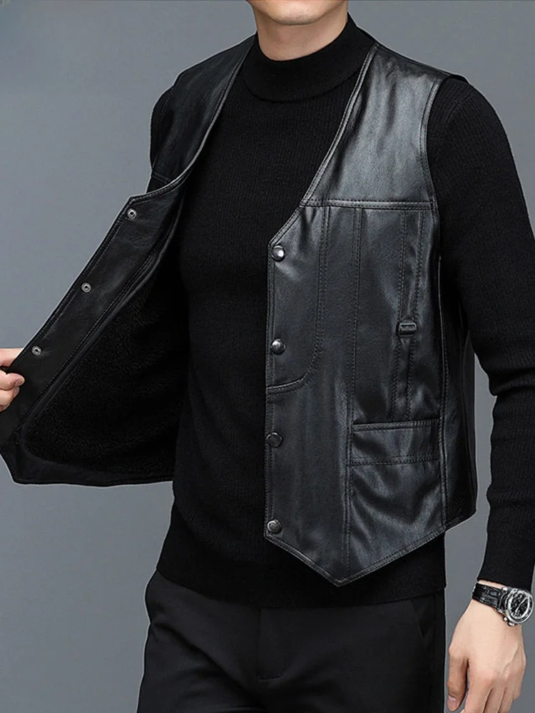 

Thiened Fce Lined Removable Inner Vest for Middle-Aged Men Autumn Winter New Sle Woodpeer Brand PU Leather Vest