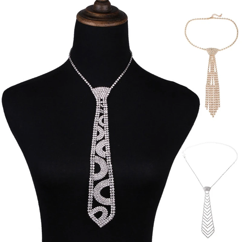 S1Y1 Women Glitter Faux Crystal for Rhinestone Neck Tie Luxury Diamond Necklace Collar with Adjustable Chain Jewelry Accessor