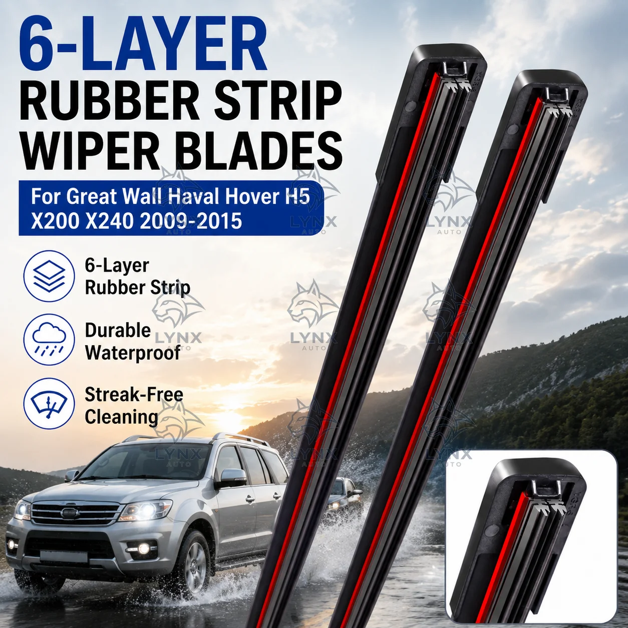 

2Pcs Frameless Wiper Blades 6-Layer Rubber Strip Durable U/J Hook For Great Wall Haval Hover H5 X200 X240 2009-2015