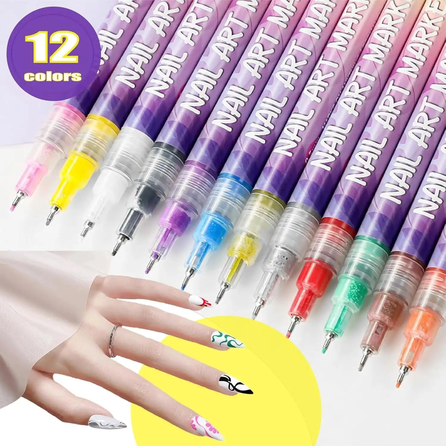 

12 Colors Nail Art Pens Set,Nail Polish Pens Drawing Painting Point Liner Acrylic Painted Pen Kit, Waterproof and Quick-drying