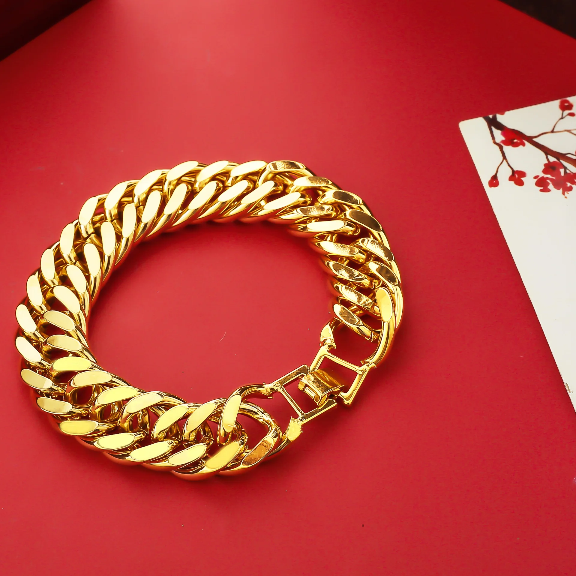 

Men's 24K Gold (AU999) 12mm Bold Flat-Link Watch Chain | Hammered-textured, edgy for urban rides