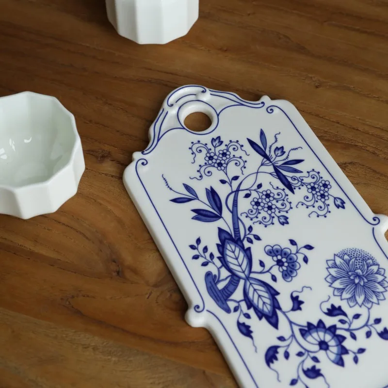 Medieval-style cobalt blue underglaze blue and white porcelain tray
