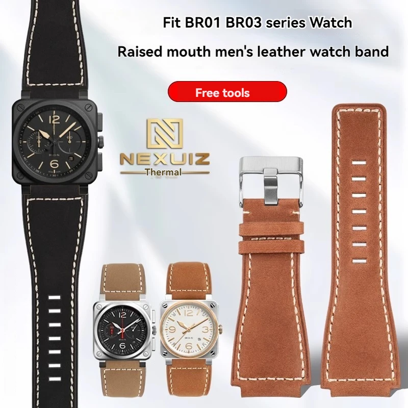 For Bell Ross BR Watch Strap BR01 BR03 men's Vintage Cowhide leather watch band 24mm Calfskin Watchband Black Brown Wristband