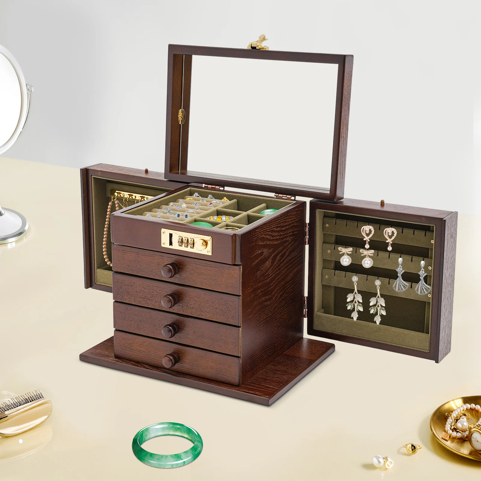 

5 Layers Wooden Jewelry Box Organizer, with Combination Lock, Mirror, Lockable Large Dresser, Storage Box with 4 Drawers