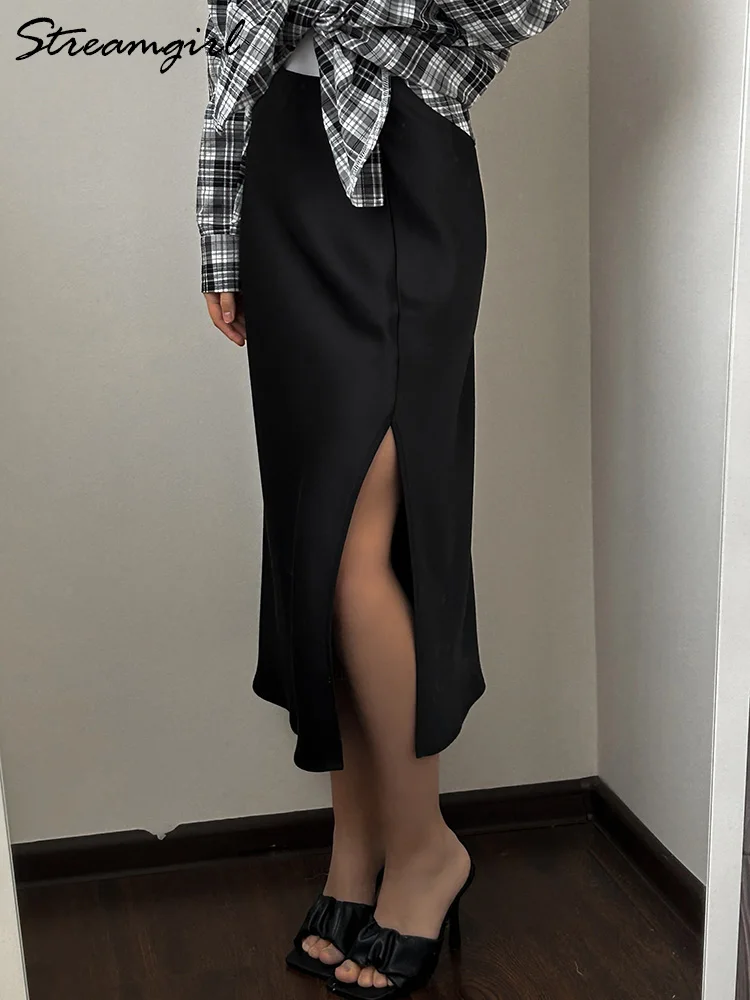 Women High Quality Satin Skirt Midi Elastic Waist Split Skirts Ladies Office Black A Line Satin Skirts With Split For Women