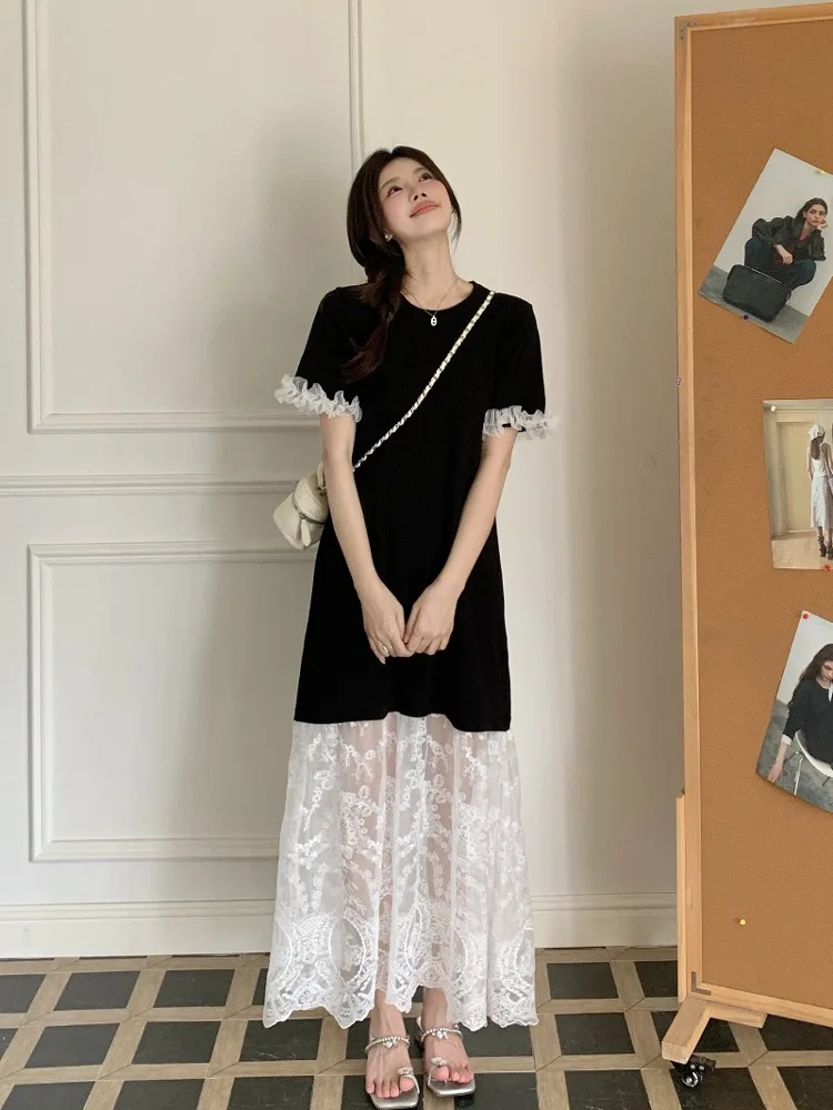 

plus Size Lace Splice Short Sleeve Dress Summer New Slimming Meat Covering Design Shoulder Length Black Dress Korean Style Lo...