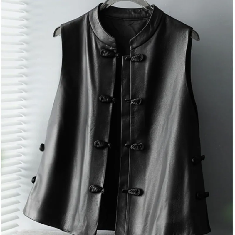 New Leather Jacket Chinese 2026 Spring and Autumn Buckle Stand Collar Chinese Haining Vest Women's Retro Sleeveless Vest Jacket