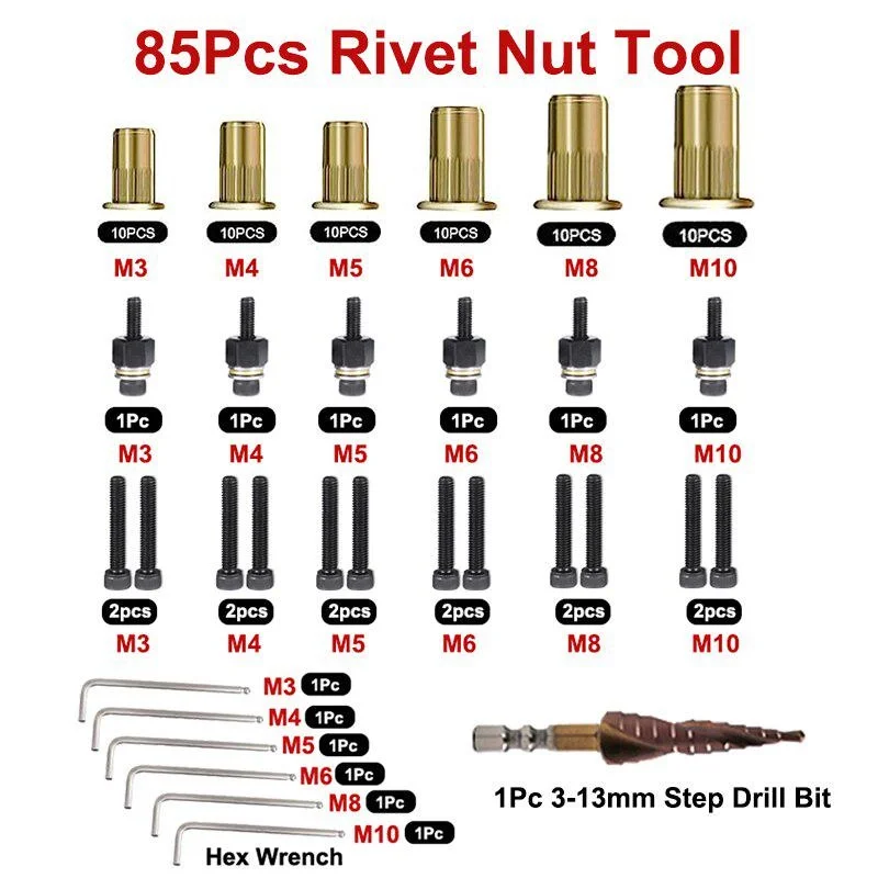 

85 шт. инструмент для заклепок и гаек, рифленые головки из углеродистой стали с оправкой, шаговый сверлильный ключ M3, M4, M5, M6, M8, M10