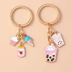 Cute Enamel Simulation Food Keychain Ice Cream Bubble Tea Key Ring Women Girls Handbag Pendants DIY Jewelry Gift