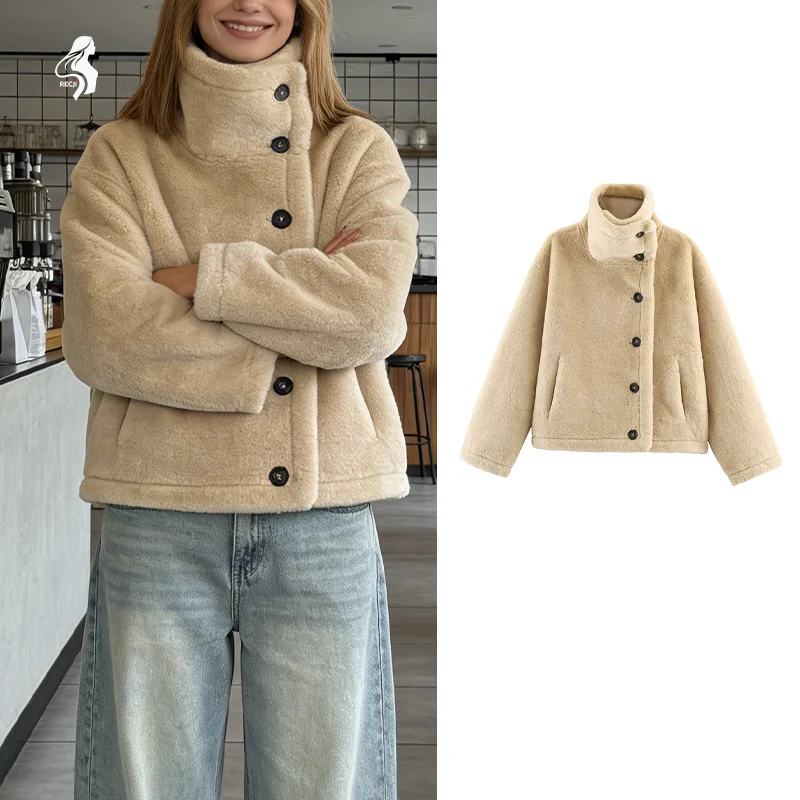 Giacca da donna in pile reversibile beige Teddy - Cappotto corto asimmetrico con colletto alto e bottoni, caldo invernale