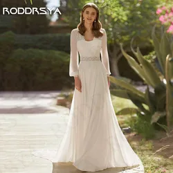 RODDRSYA-vestido de novia de gasa de manga larga, traje de encaje con Espalda descubierta, bohemio, Civil, 2024 Vestido de novia de gasa con mangas largas 2024  Vestidos de novia de encaje sin espalda  Boho A Line Civi