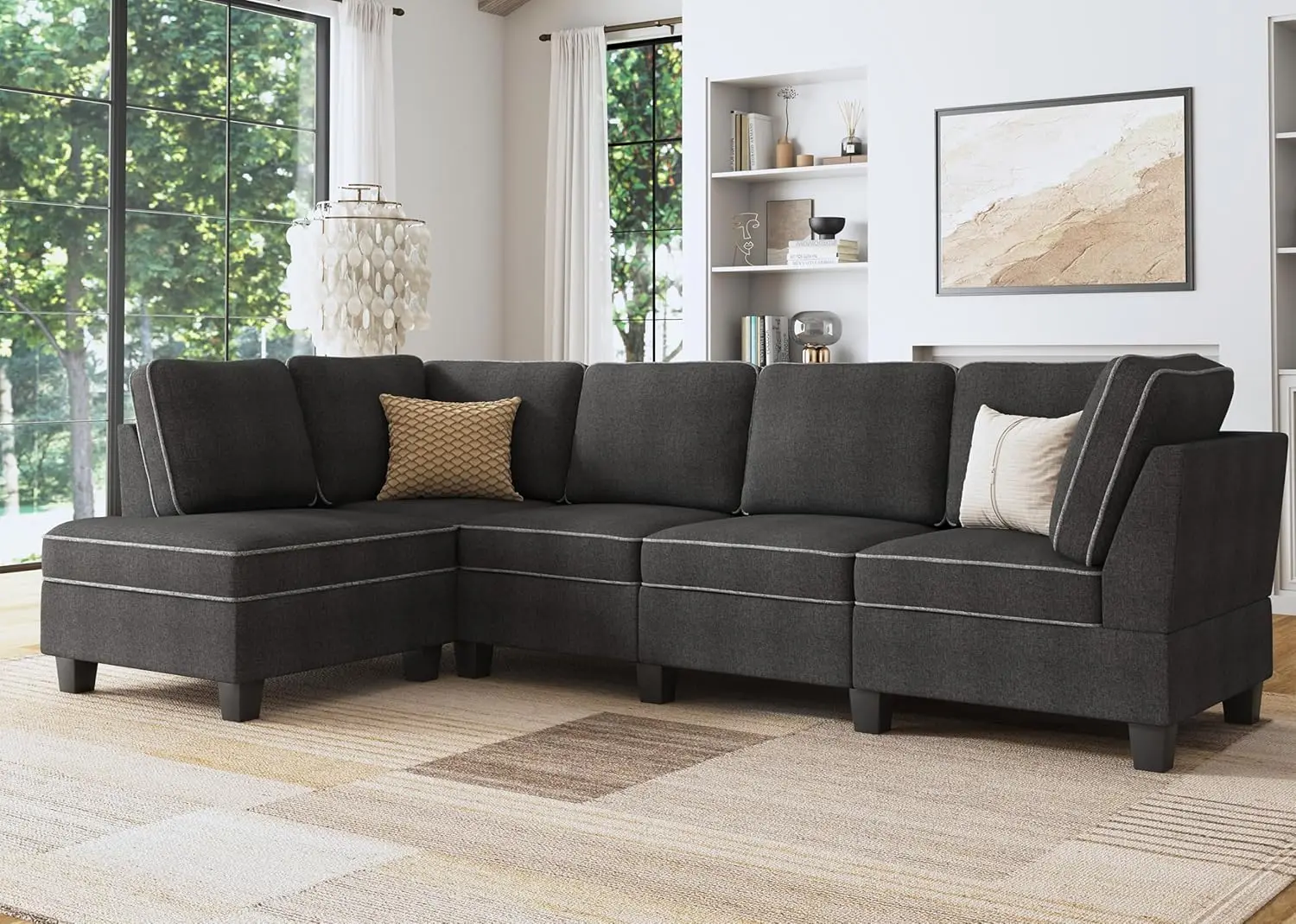 HONBAY Convertible Sectional Sofa, L Shape Couch with Chaise, Reversible Sectional Couch for Living Room, Dark Grey