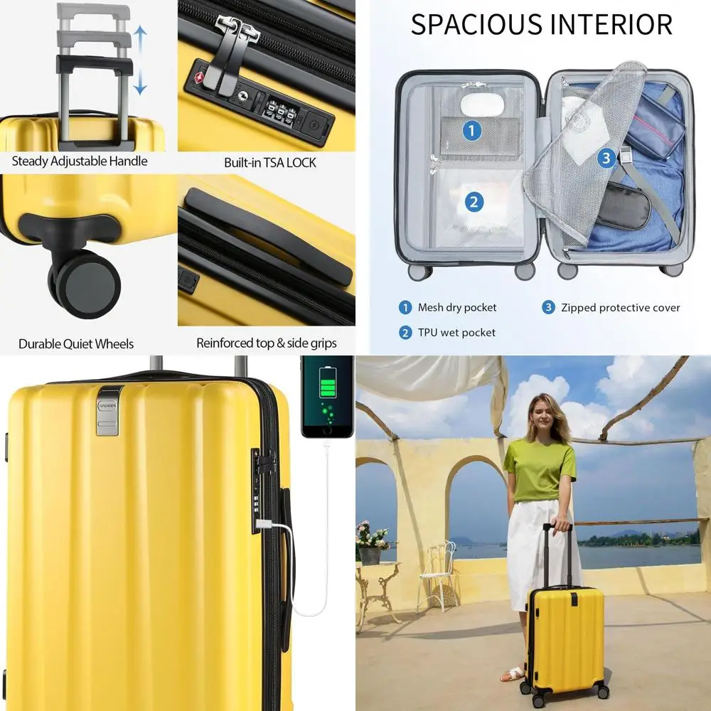 

Расширяемая ручная кладь Hardside 20, желтый цвет с вращающимися колесами, USB-портом и замком TSA