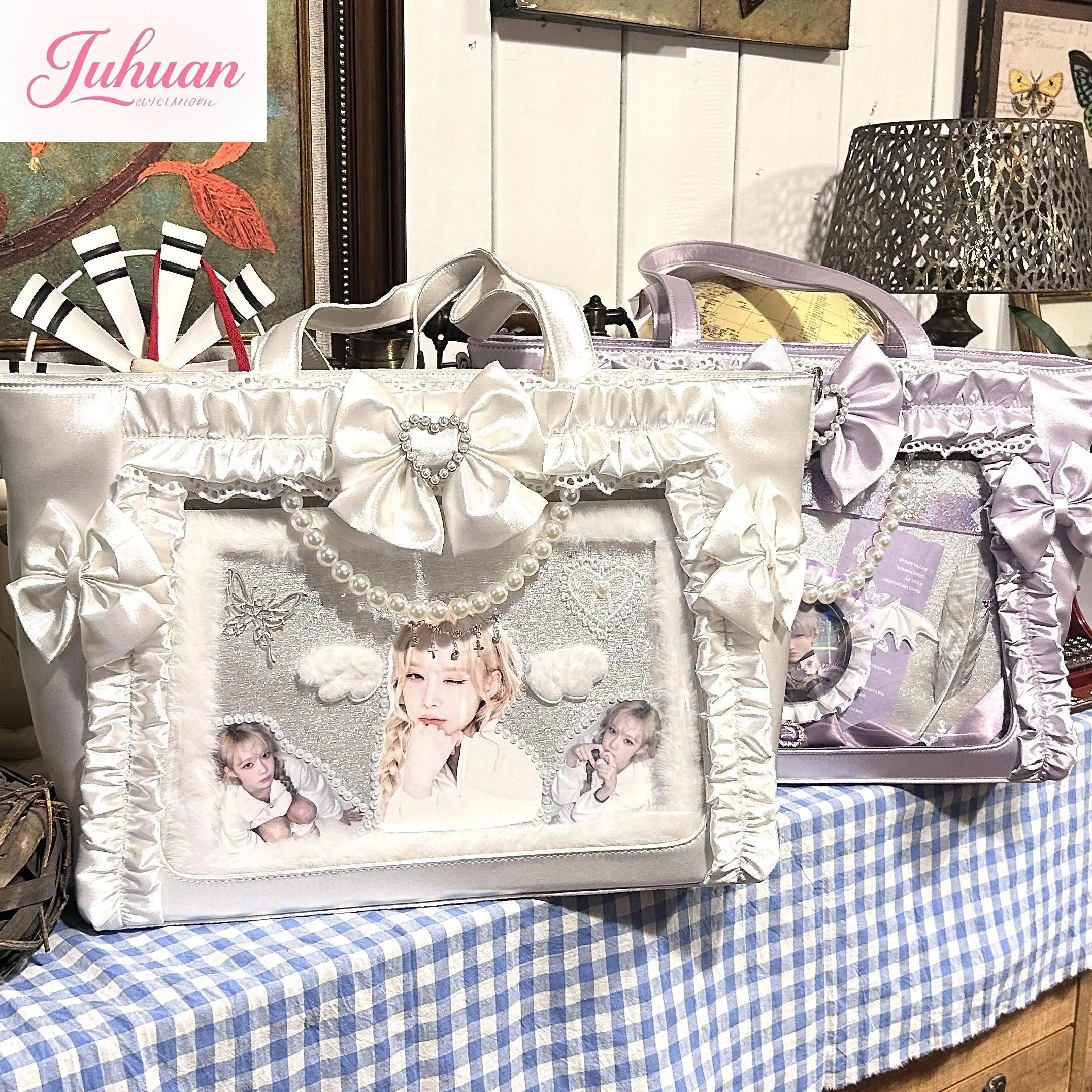 

Japanese Lolita Satin Frilly Bow Pearl Lace Tote Bag women Sweet Large Capacity College Style Lta Bag Shoulder Handbag Ladies