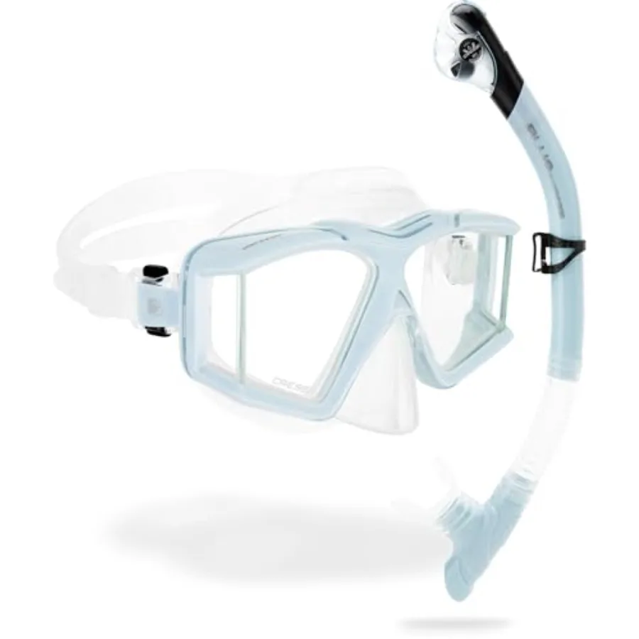 

Panoramic Diving Mask and Snorkel Kit for snorkeling - silicone, black - wide view, top dry system, horizon scilla design