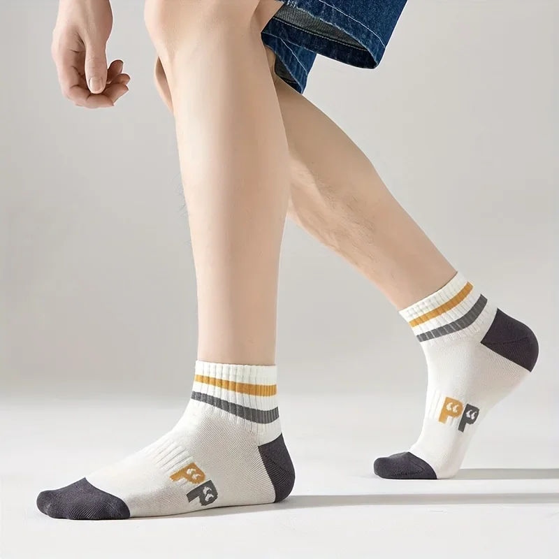 5 Pairs Men\'s Striped Short Socks with Wide Cuffs and Letters, Sports and Leisure Socks Summer Blending Boat Socks