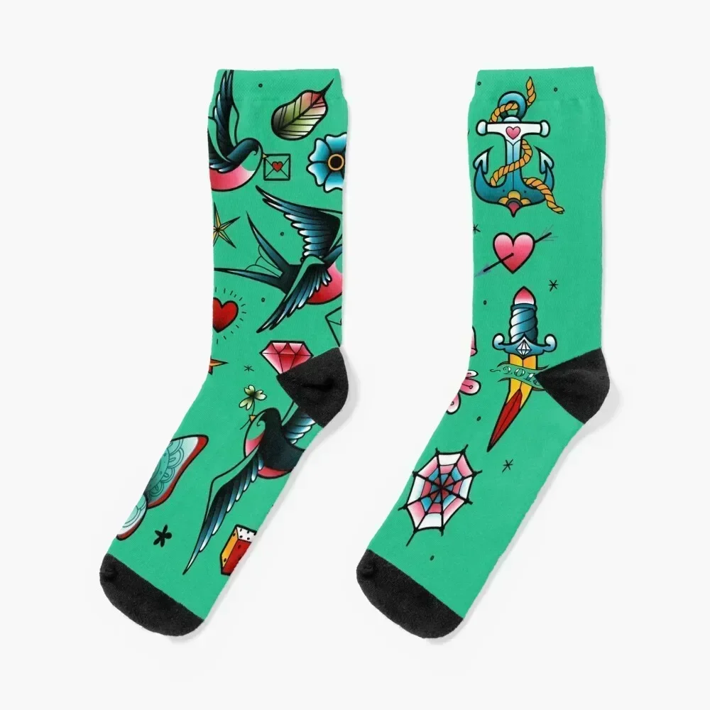 

Old school tattoo stickers of swallows, diamonds, heart, rose, anchor Socks football christmas gift Boy Socks Women's