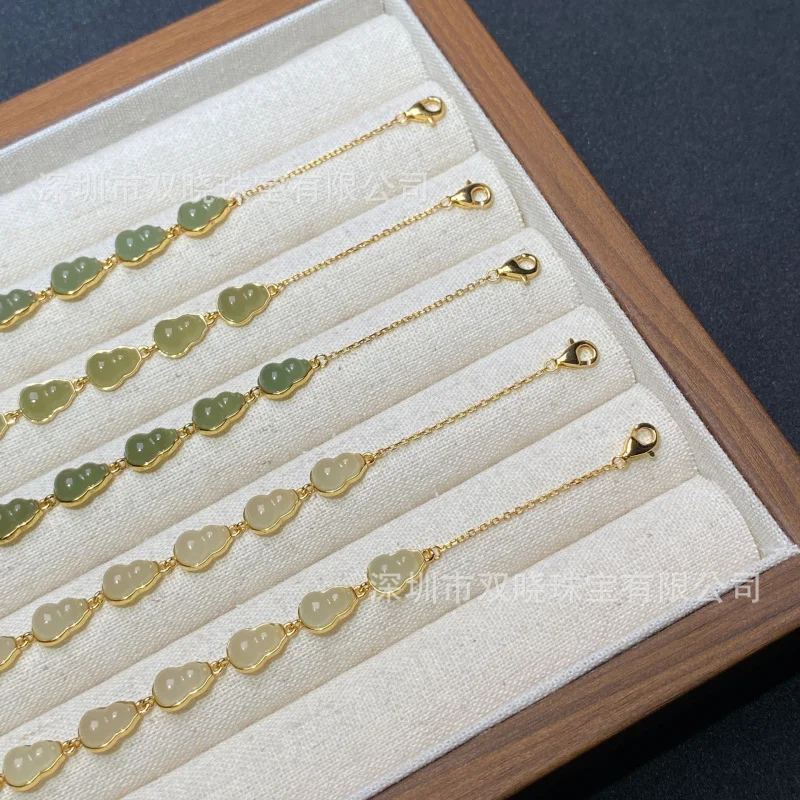 Natural Qinghai Material Qing Shui Hetian Jade Gourd Bracelet S925 Silver Inlaid Design