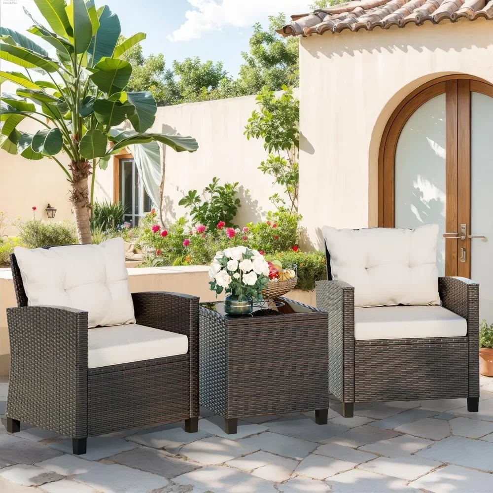 

3 Piece Patio Furniture Set, Small Outdoor Rattan Bistro Set – Cushioned Chairs & Glass Table for Front Porch