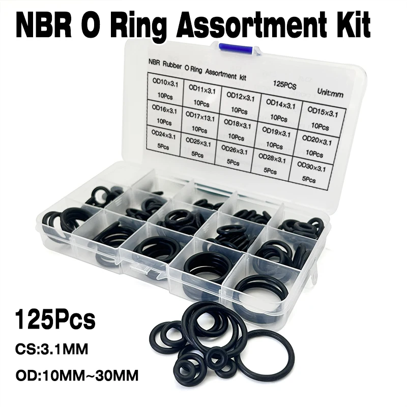 

125Pcs NBR Black O-Ring Assortment Kit CS 3.1mm OD 10mm-30mm Nitrile Rubber Seals for Automotive/Industrial Oil & Wear Resistant
