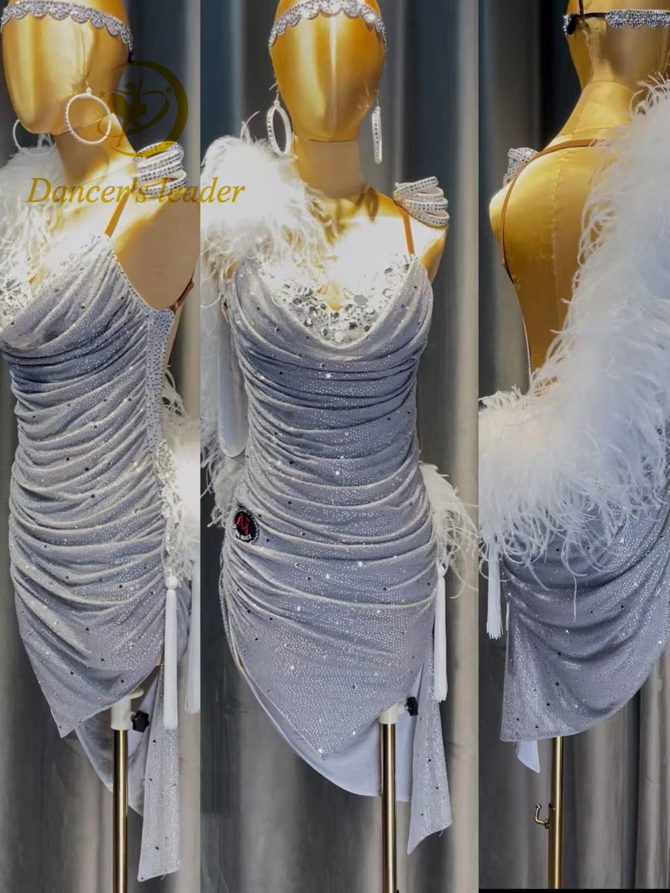 

Платье для латинских танцев для взрослых и детей, высококачественное женское платье с белыми страусиными перьями и камнями AB, стильная женская одежда для ча-ча-танго