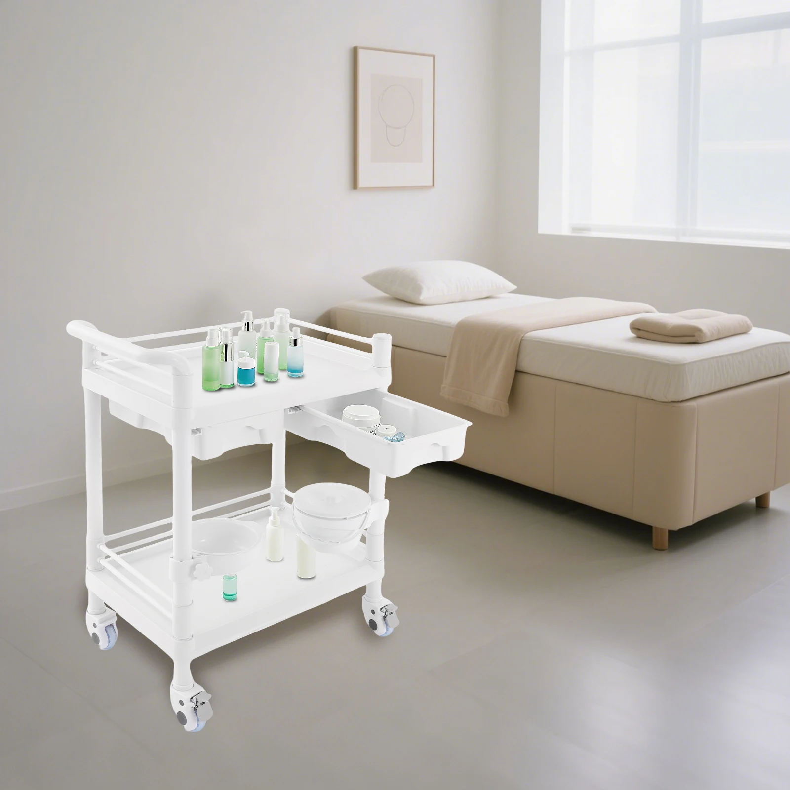 

Mobile Trolley Cart Laboratory Trolley with 2 Shelves, 2 Drawers and 4 Wheels for Healthcare Providers, Nurses, Private House