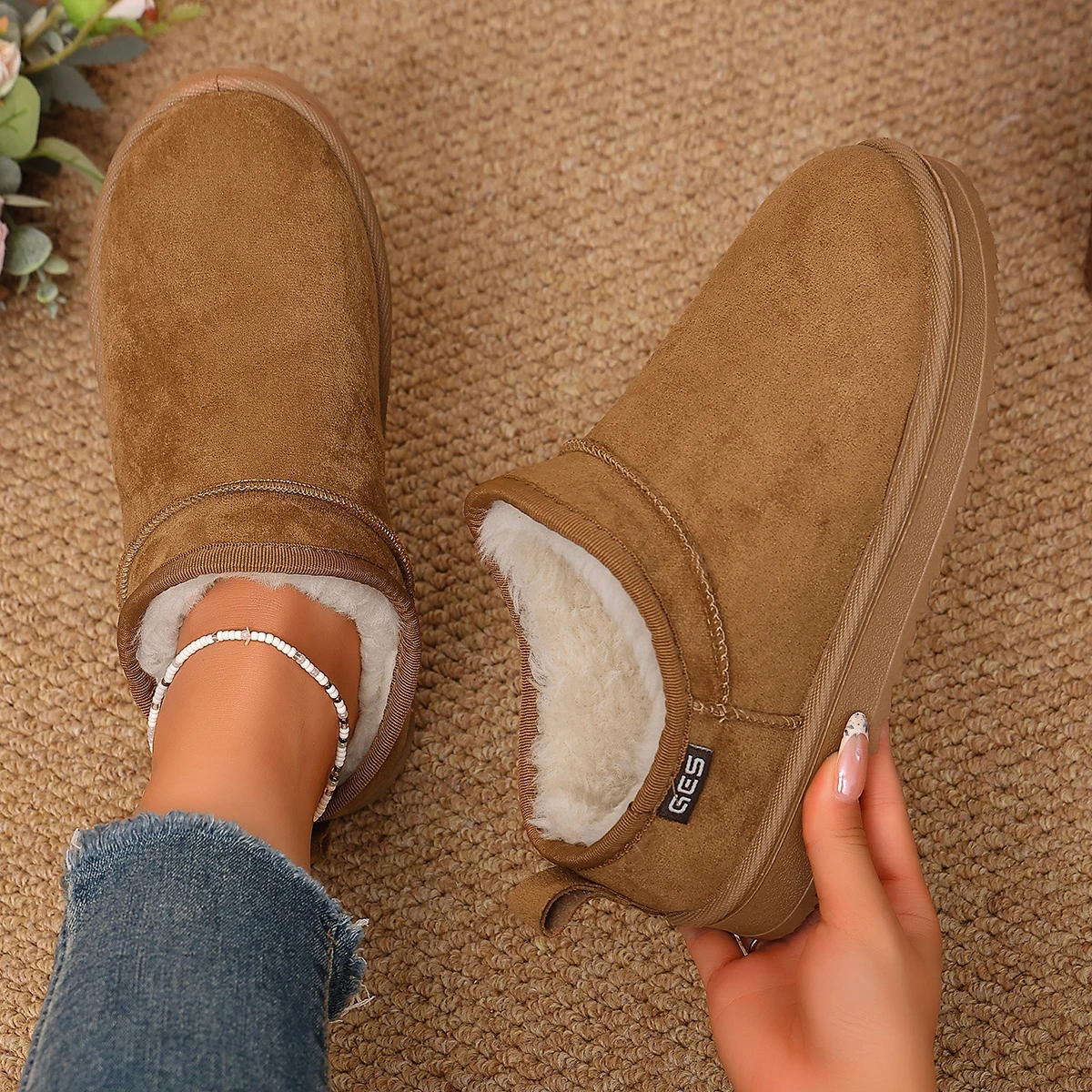 Women Boots Slip on Thick Sole Cotton Ankle Booties Warm Plush Platform Snow Boots Women Plus Size Non Slip Winter Shoes Woman