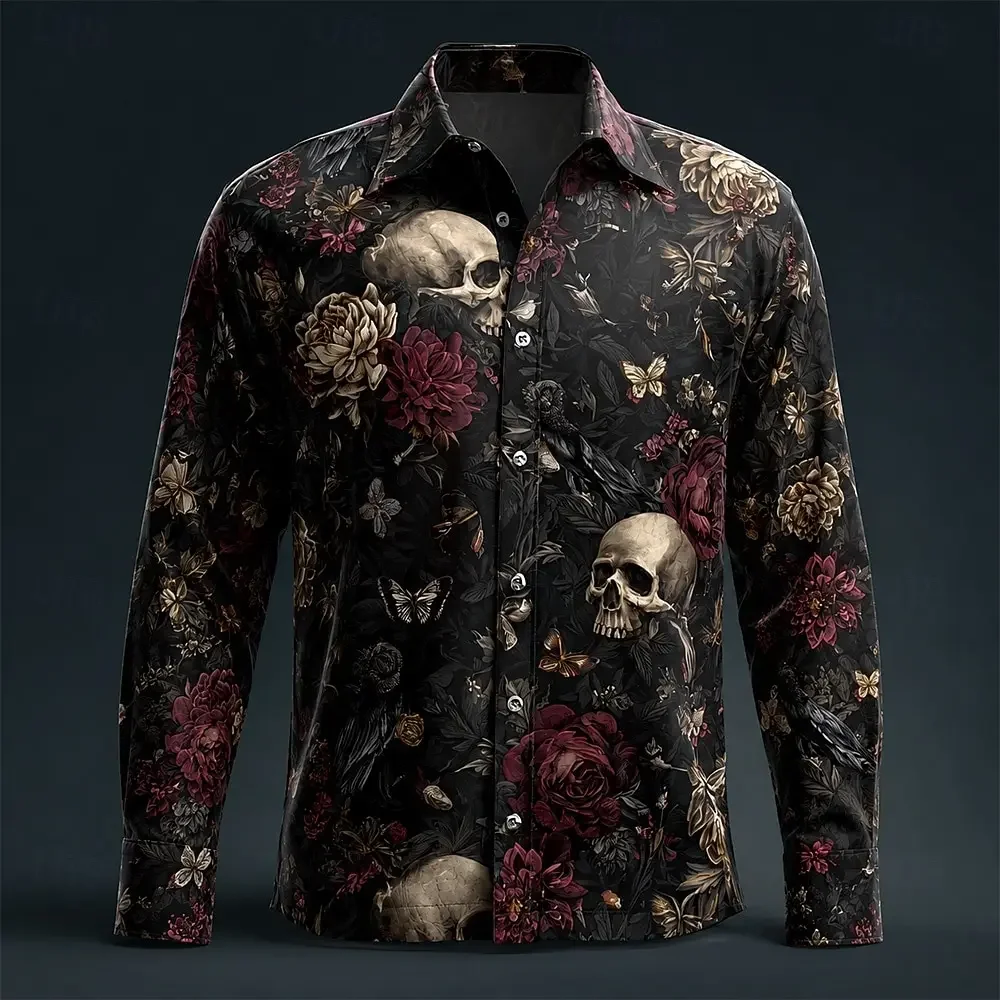 2026 New Halloween Men's Floral Skulls Shirt Button Up Shirt Long Sleeve Dark Gothic Style Streetwear Holiday