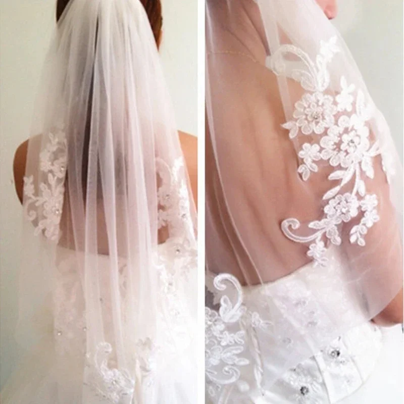 Wedding Veils Bridal Veils Short One Layered Waist Length Beaded Diamond Applique White