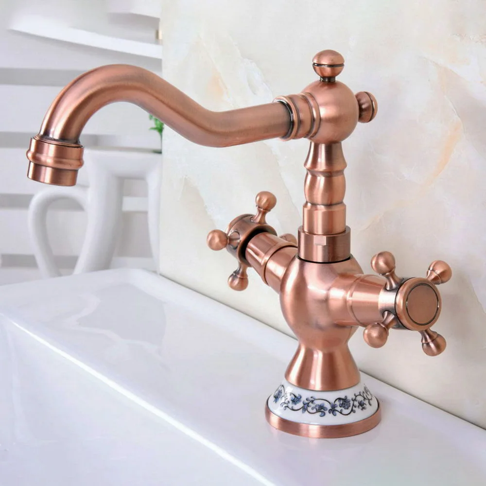 Antique Red Copper Dual Cross Handles Ceramic Base Bathroom Kitchen Basin Sink Faucet Mixer Tap Swivel Spout Deck Mounted mnf615