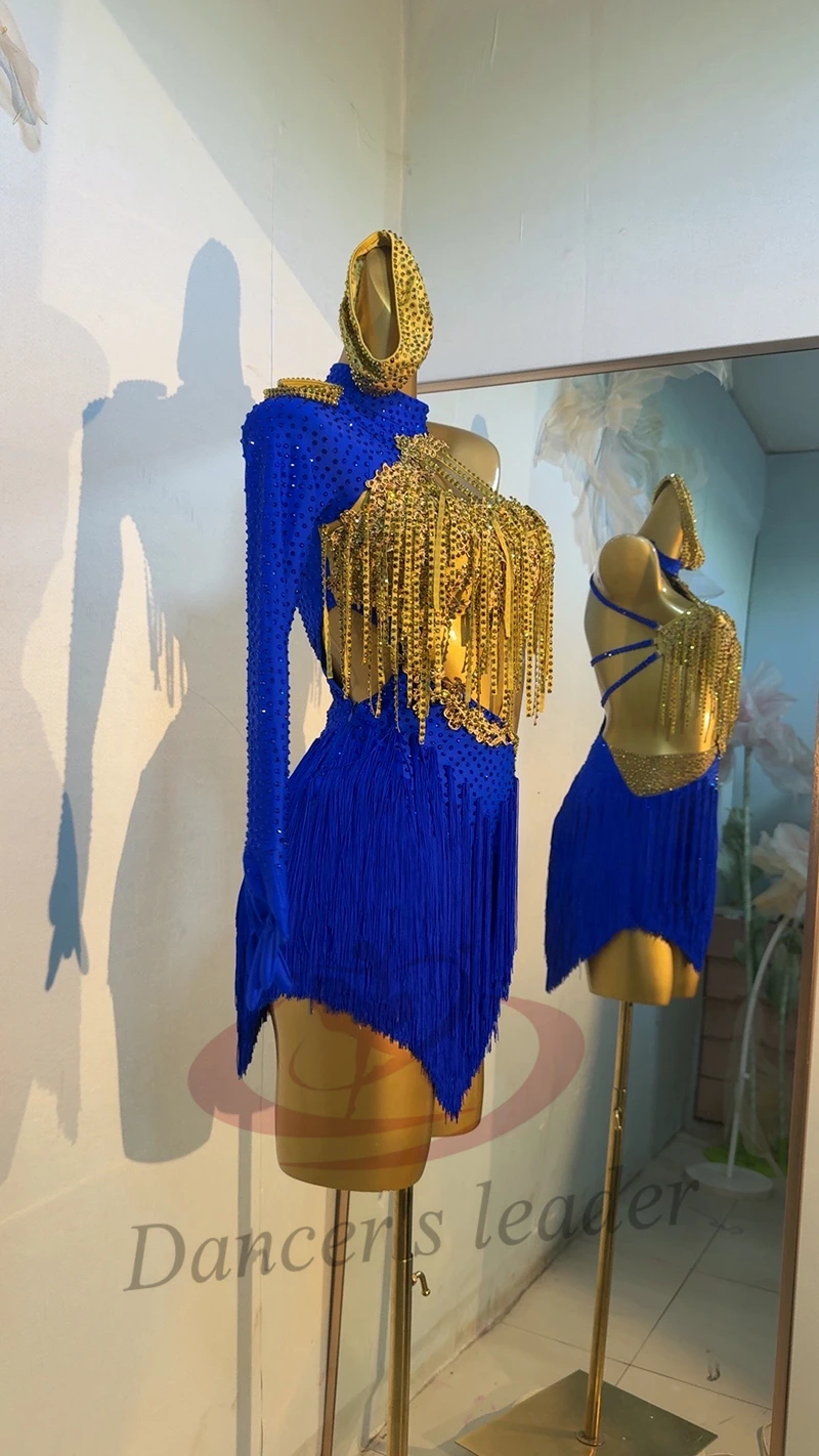 Latin Dance Costume AB Stone Female Adult Children High-End Customized Two-Color Splicing Cha Tango Performance Dress
