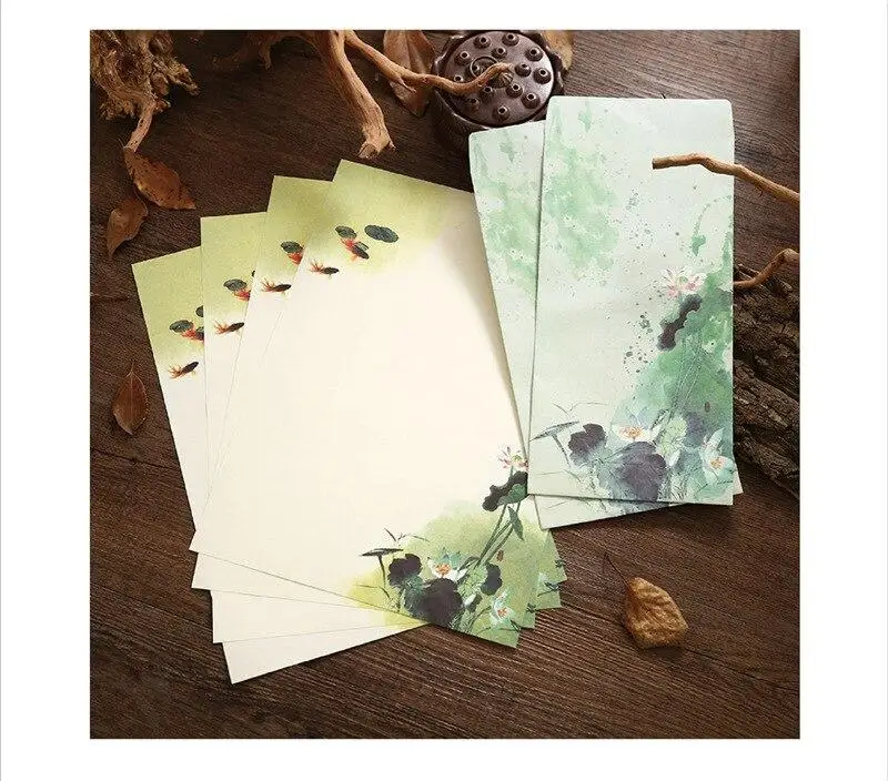 6pcs/set Letter Paper and Envelope Set (4 Letter Paper + 2 Envelopes) Craft Envelope Letters Paper Ink and Wash Painting Style