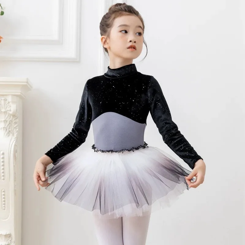 Winter Child Baby Dancewear Long Sleeve Leotard Tutu Skirts Elegant Turtleneck Leotard Gym Performance Costumes