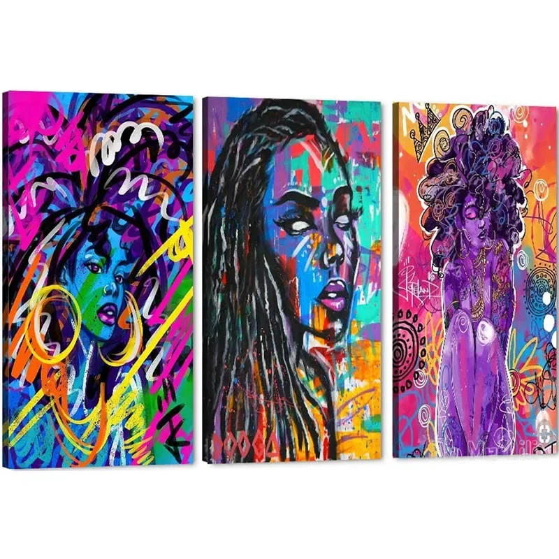 3 Pieces African American Girl Abstract Canvas Wall Art Black Queen Print Contemporary Bright-Coloured Modern Artwork for Home