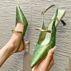 Satin Luxury Pointed Toe High Heels Women Fashion Designer Sandals Women Green Slingback Party Dress Shoes Muller Pumps Women