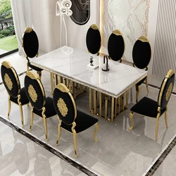 Luxury Dining Room Set: 8 MANBAS Stainless Steel Genuine Leather Chairs, and Rectangle Table Made In Marble and Sea Shell