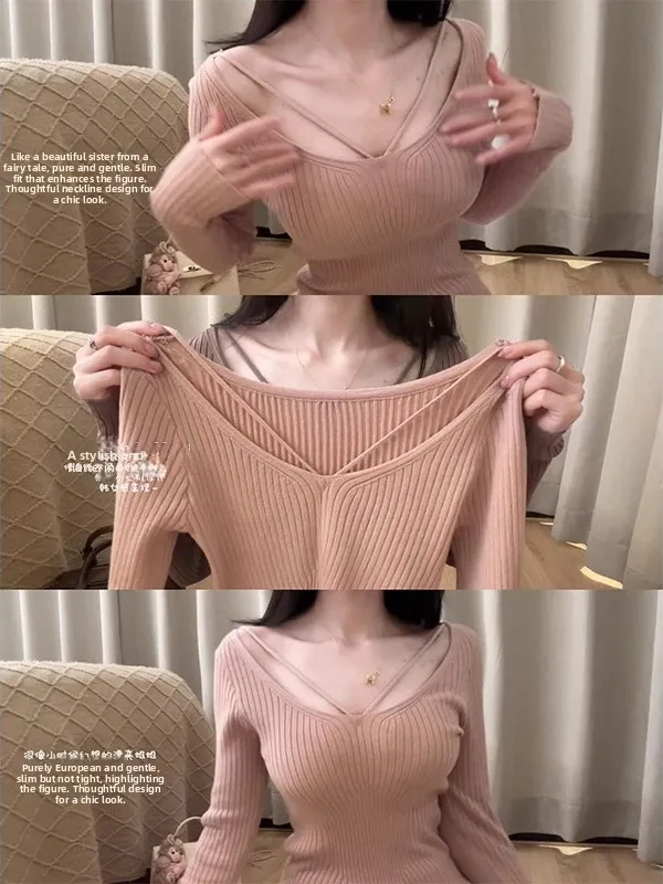 Women's Knitted Base Shirt V-Neck Long Sleeve Slim Fit Design Sensual Pure Desire Style Inner Wear for Autumn Winter